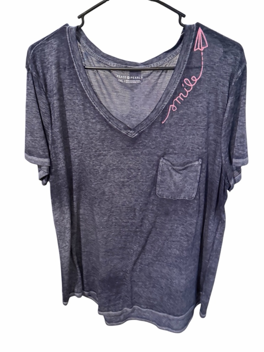 Peace & Pearls Navy V-Neck Pocket Tee with Pink 'Smile' Embroidery